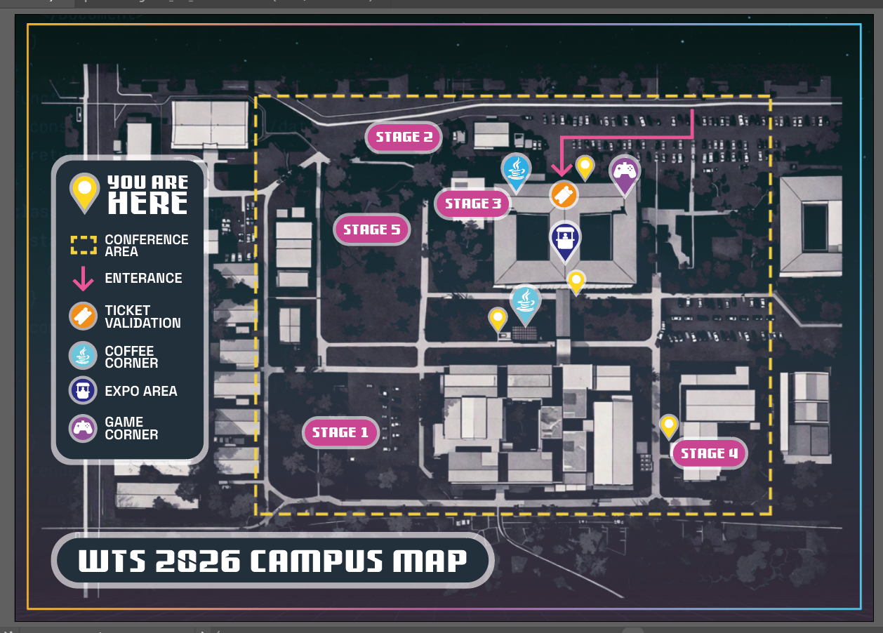 WTS 2026 campus map showing Stages 1–5, the entrance, ticket validation, coffee corners, expo area and game corner.
